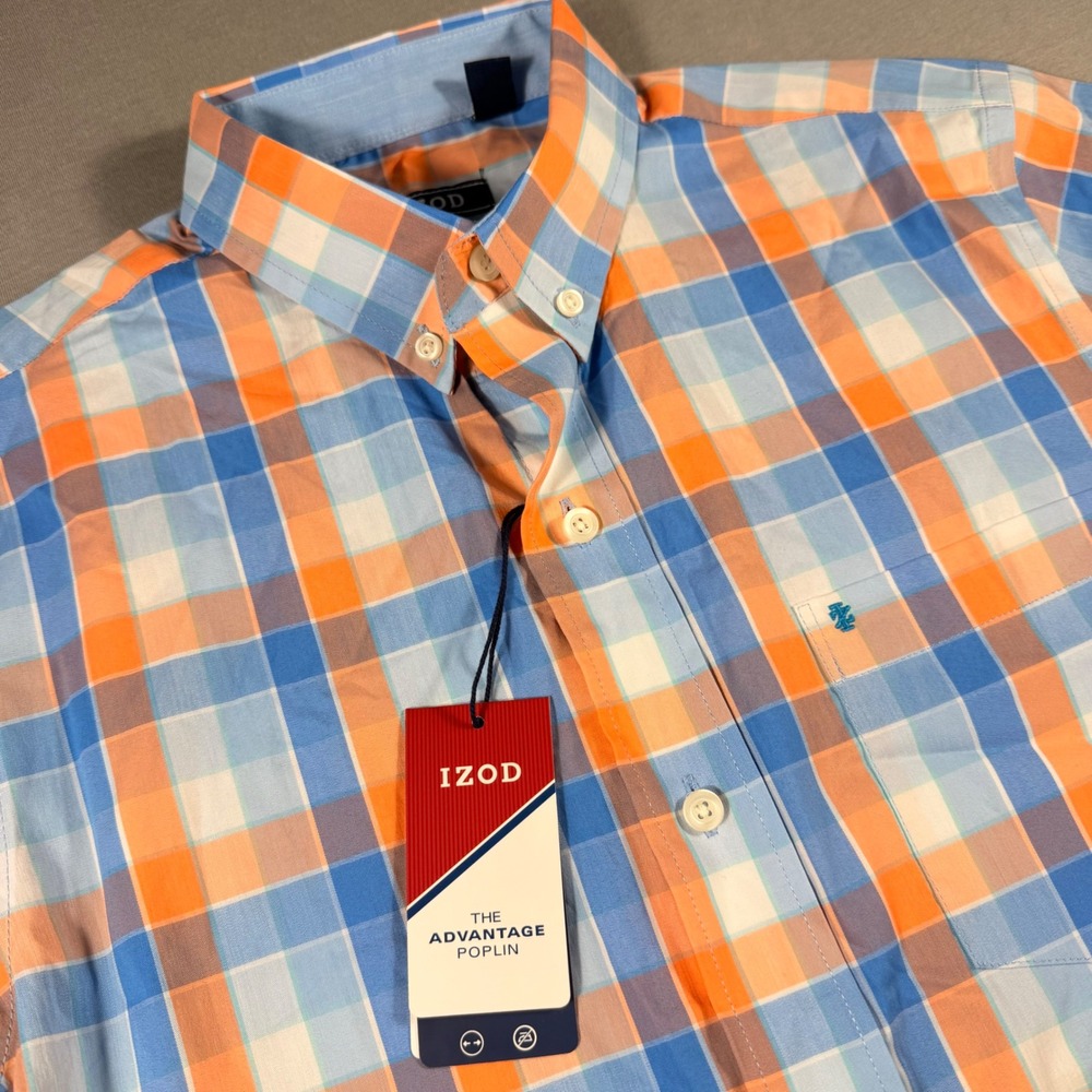 IZOD Advantage Poplin Shirt Mens Small Orange Blue Plaid Non-Iron Stretch SS